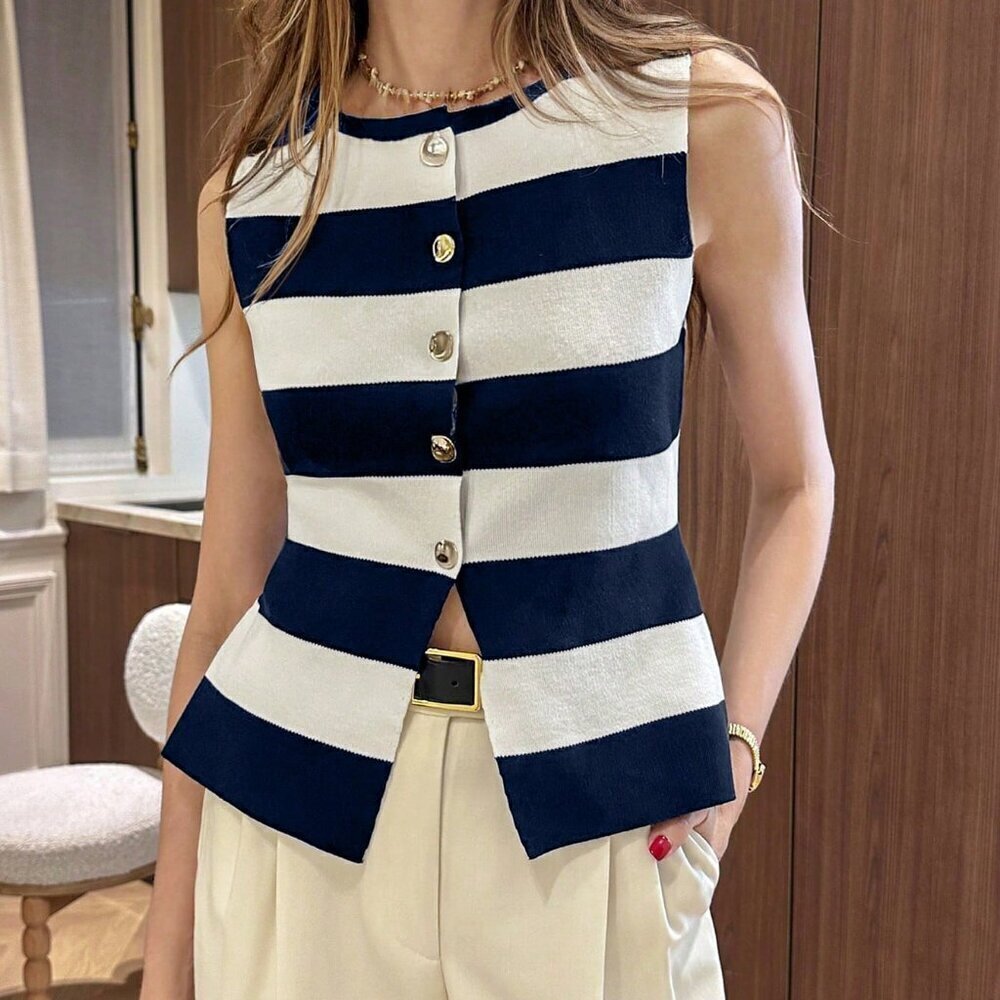 Multicolor Casual Women's Wide Stripe Round Neck button down knit vest top